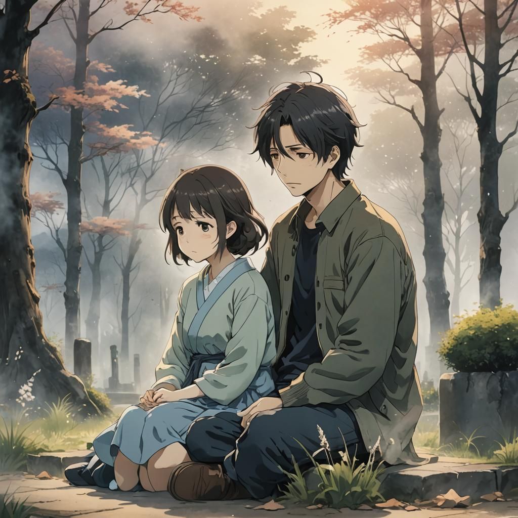Grief-Stricken Couple Mourning, in Anime Style