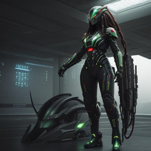 A woman big, black dread locks, tall, full height, summer, tight red, green and black military assassin predator cyber s...