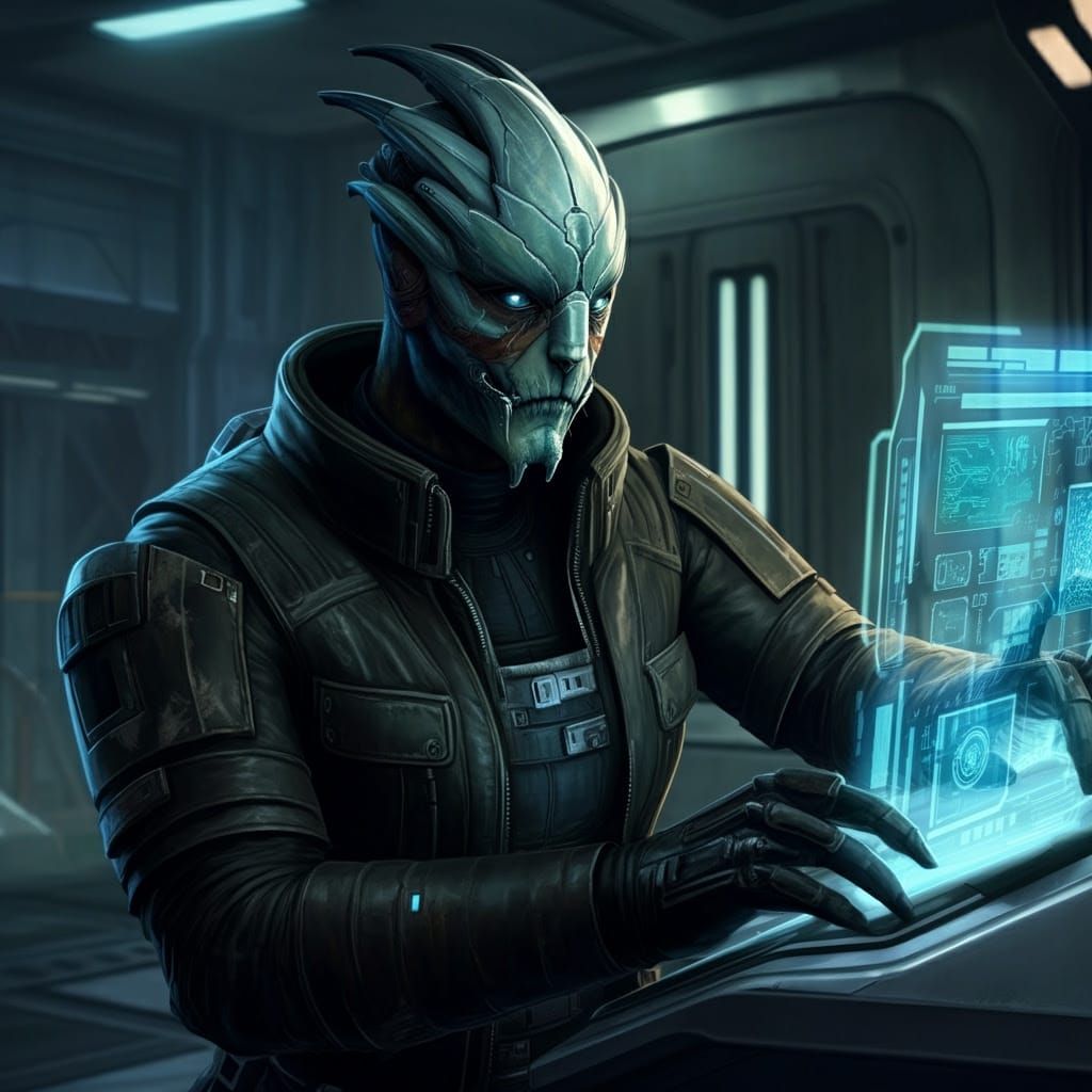 Gritty Space Station Officer in High-Tech Armor