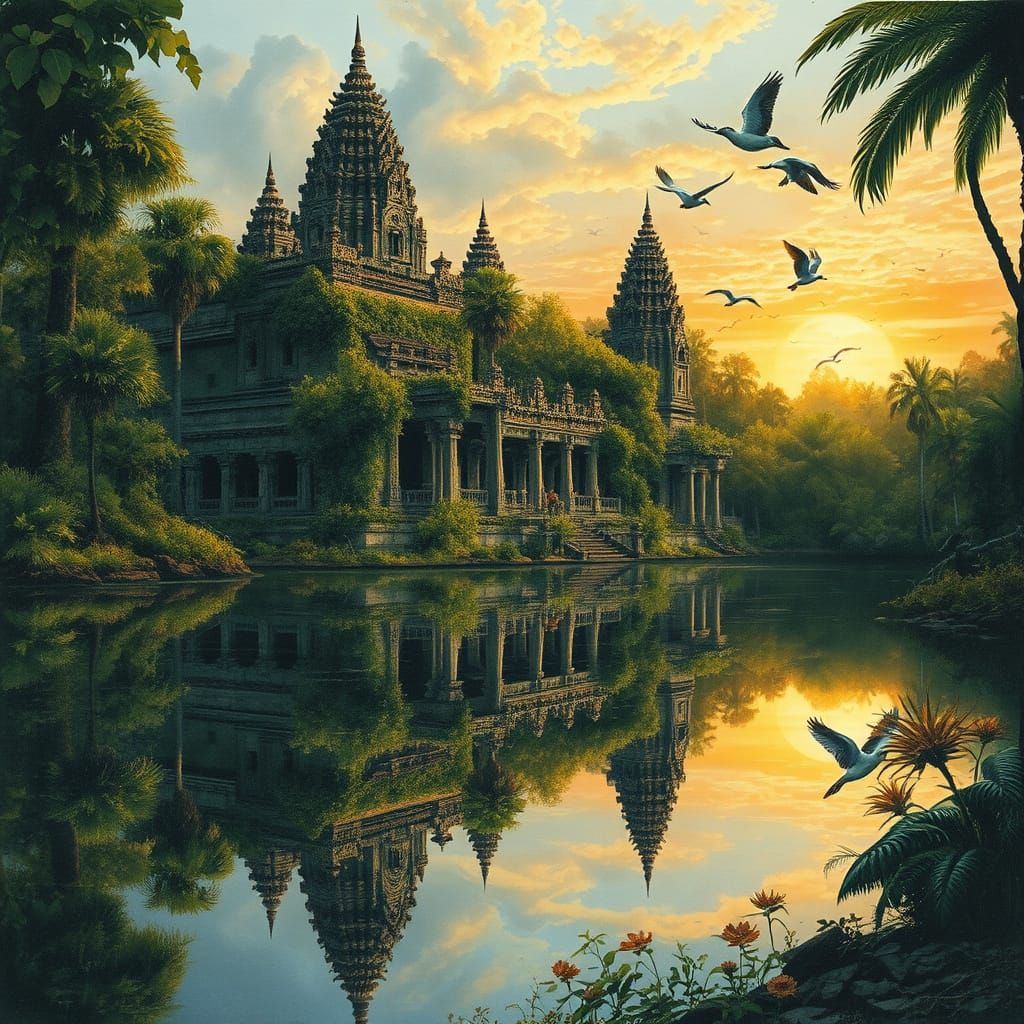 Mysterious Jungle Cityscape Reflected in Serene Lake Waters ...