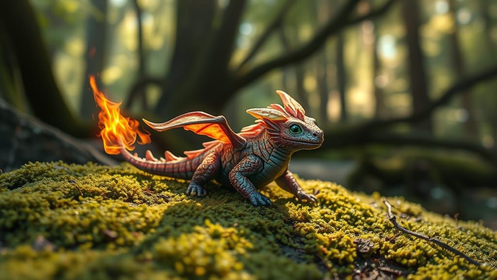 Playful Baby Dragon in Ethereal Forest Light