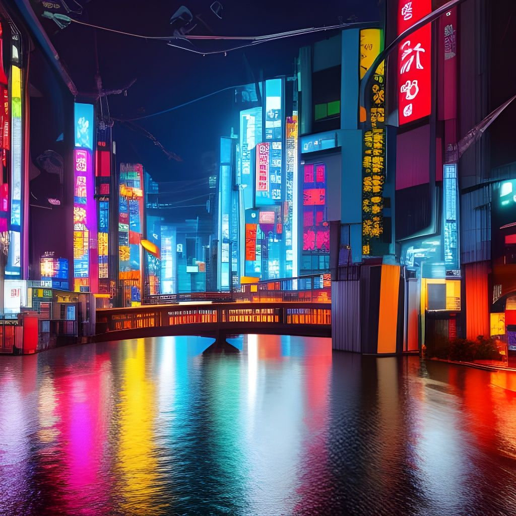 Cyberpunk Tokyo Cat in Rain, Watercolor Style