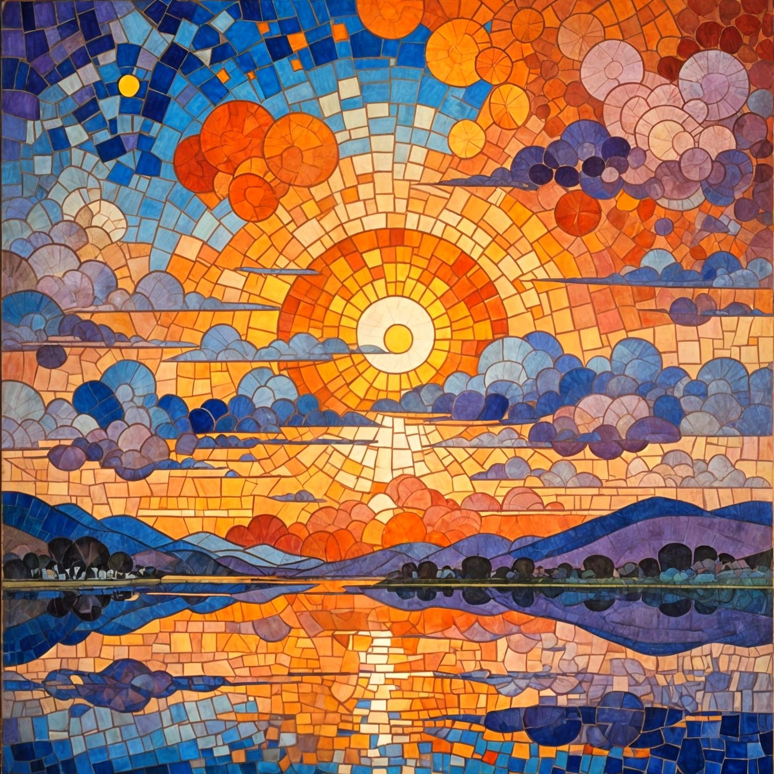 Vibrant Cubist Sunset Over a Serene Lake