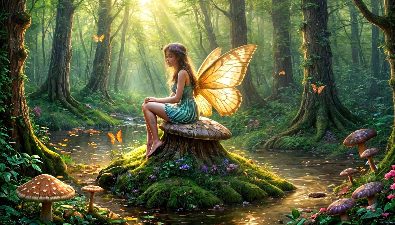 Whimsical Girl on Mushroom in Enchanted Forest