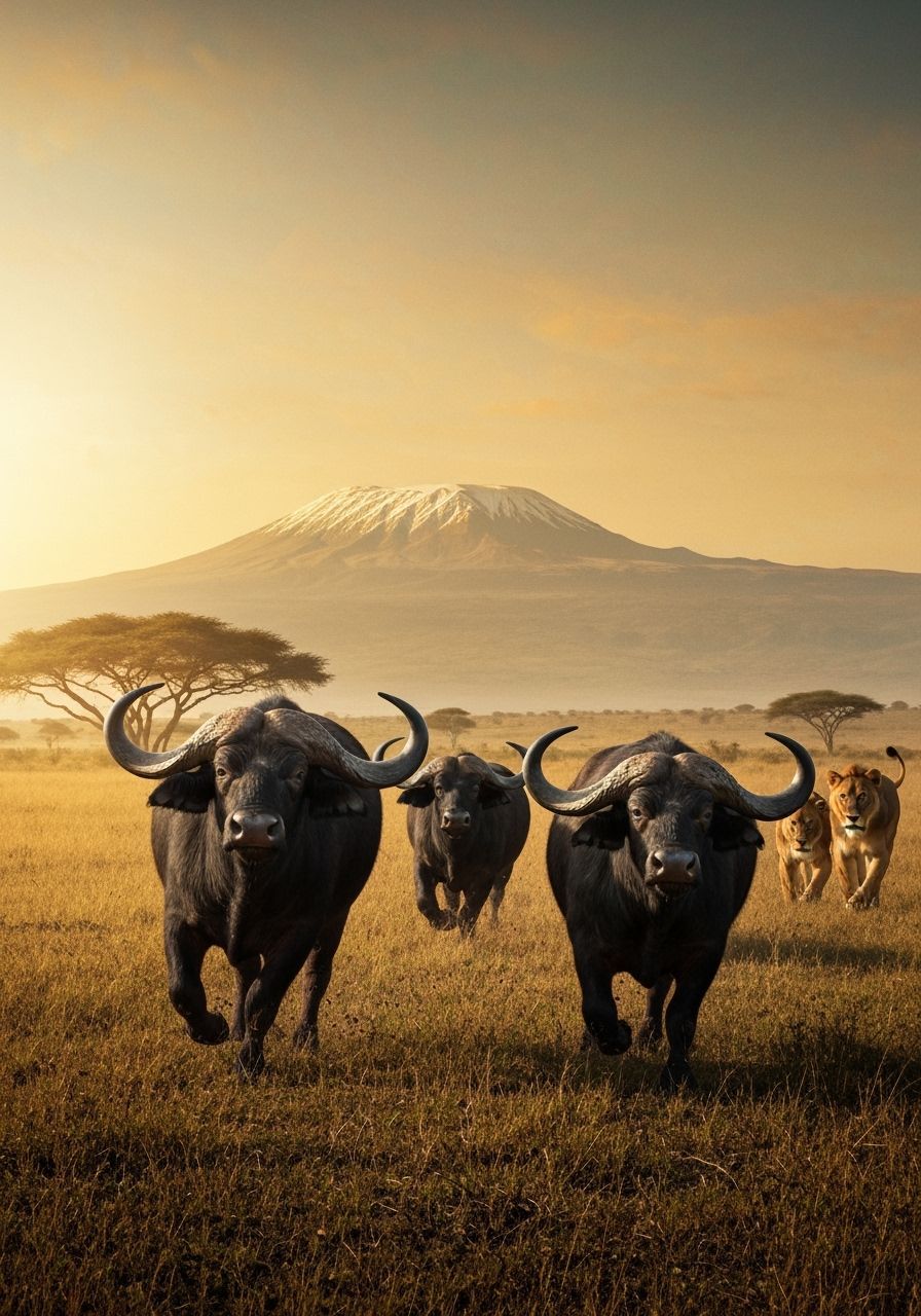 African Buffalo Herd Pursued by Lionesses in Savanna