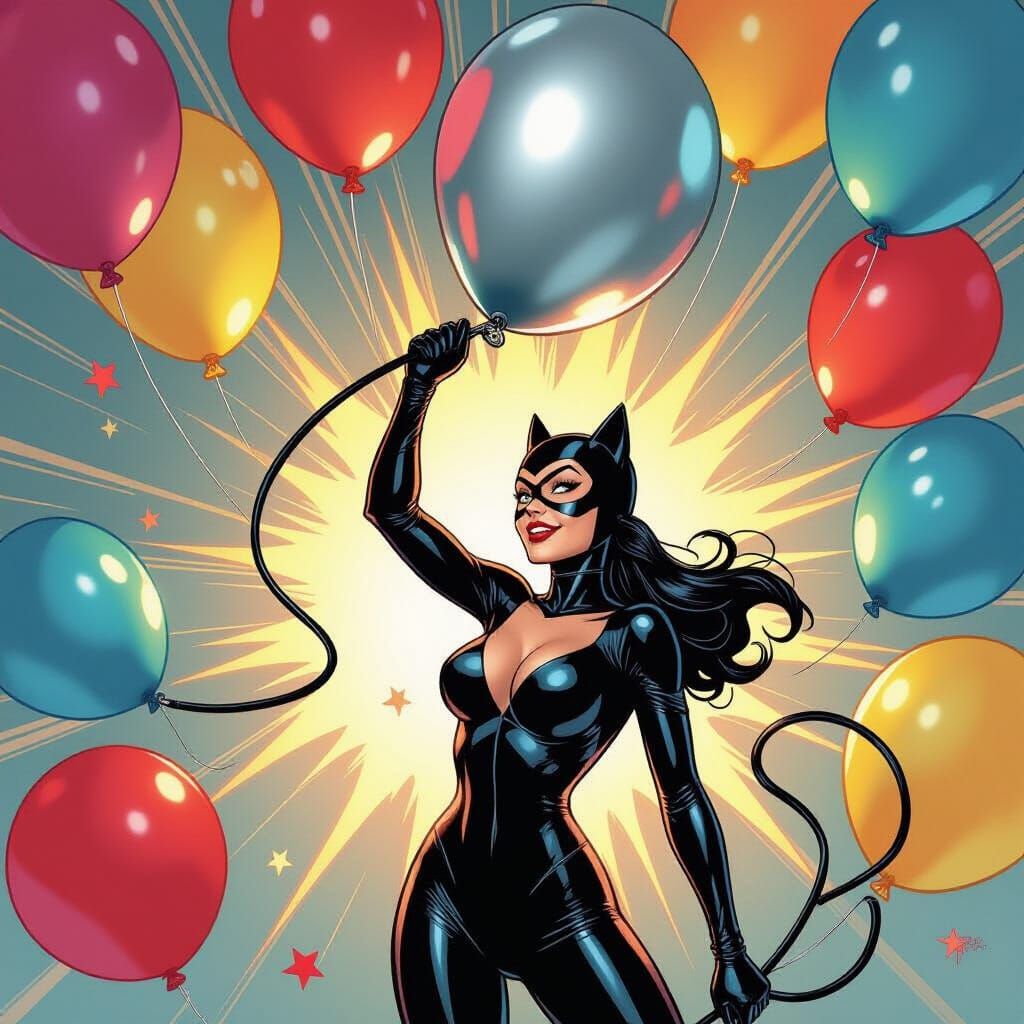 Catwoman Teases Silver Balloon Amidst Colorful Party
