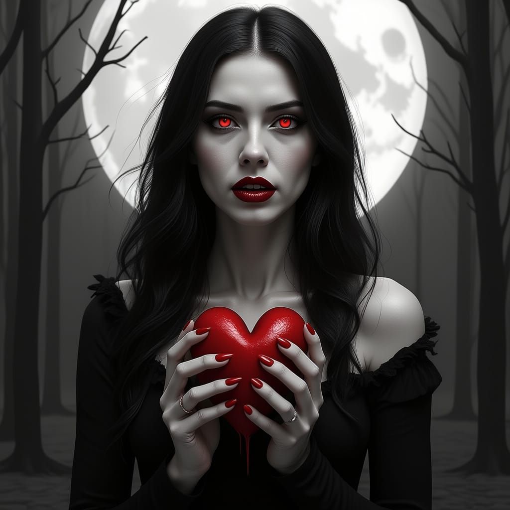 Beautiful Vampire with Red Blood Accents in Moonlight