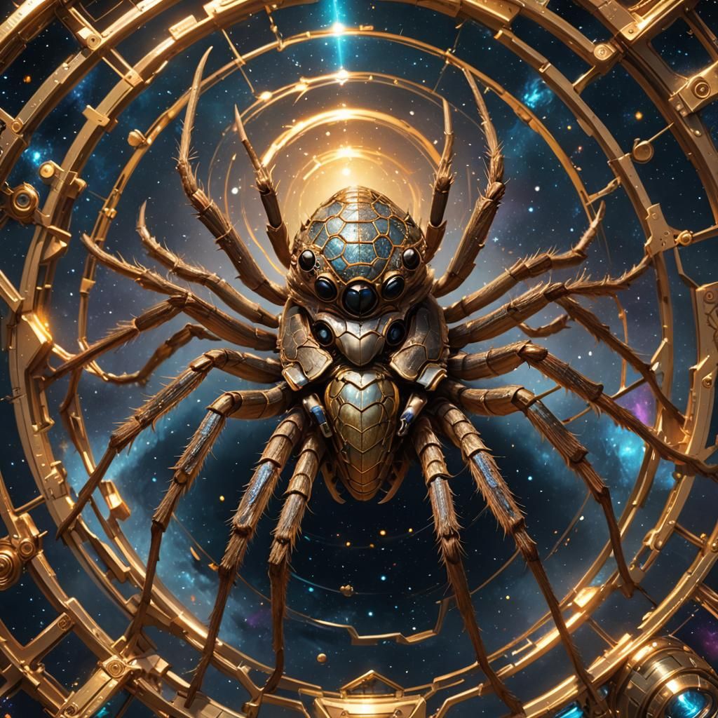 Golden Smiling Wolf Spider in Space Portrait