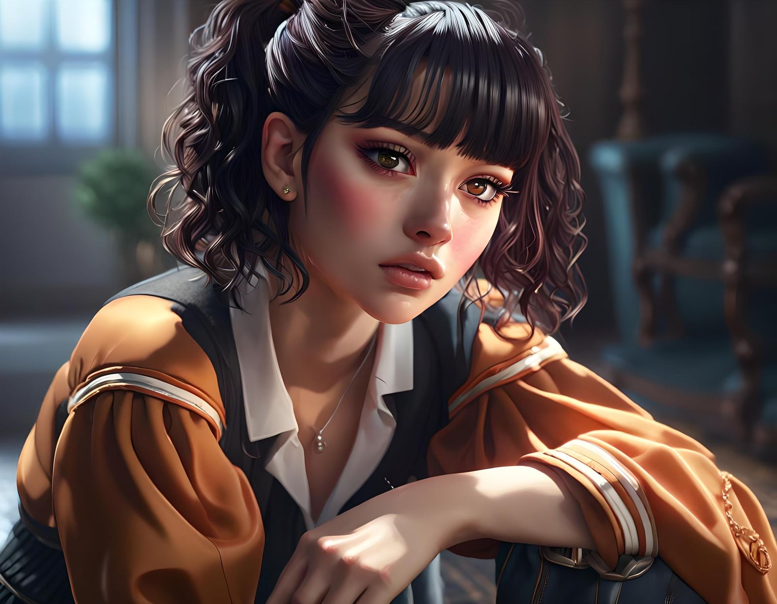 Emotional Portrait of Woman with Ruby Necklace