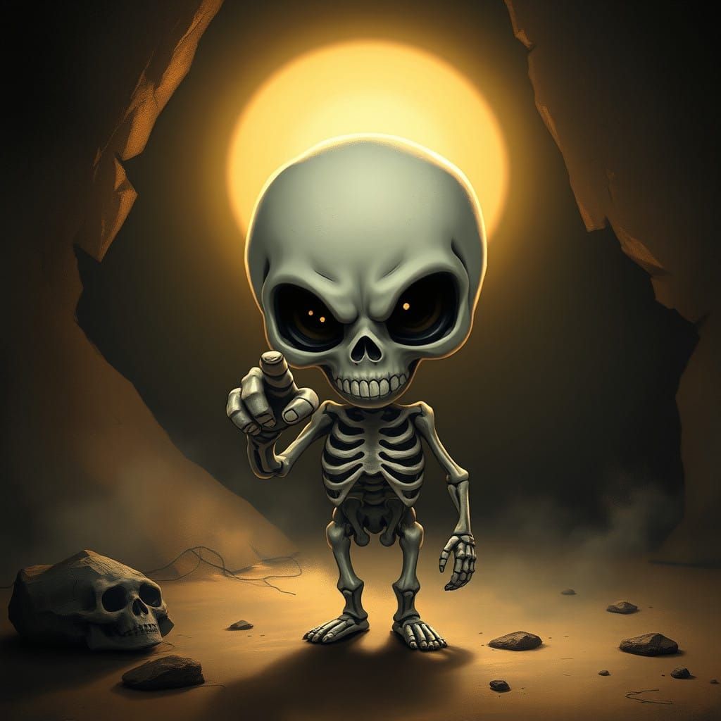 Mystical Chibi Skeleton Points Accusatorially in Haunting Fi...