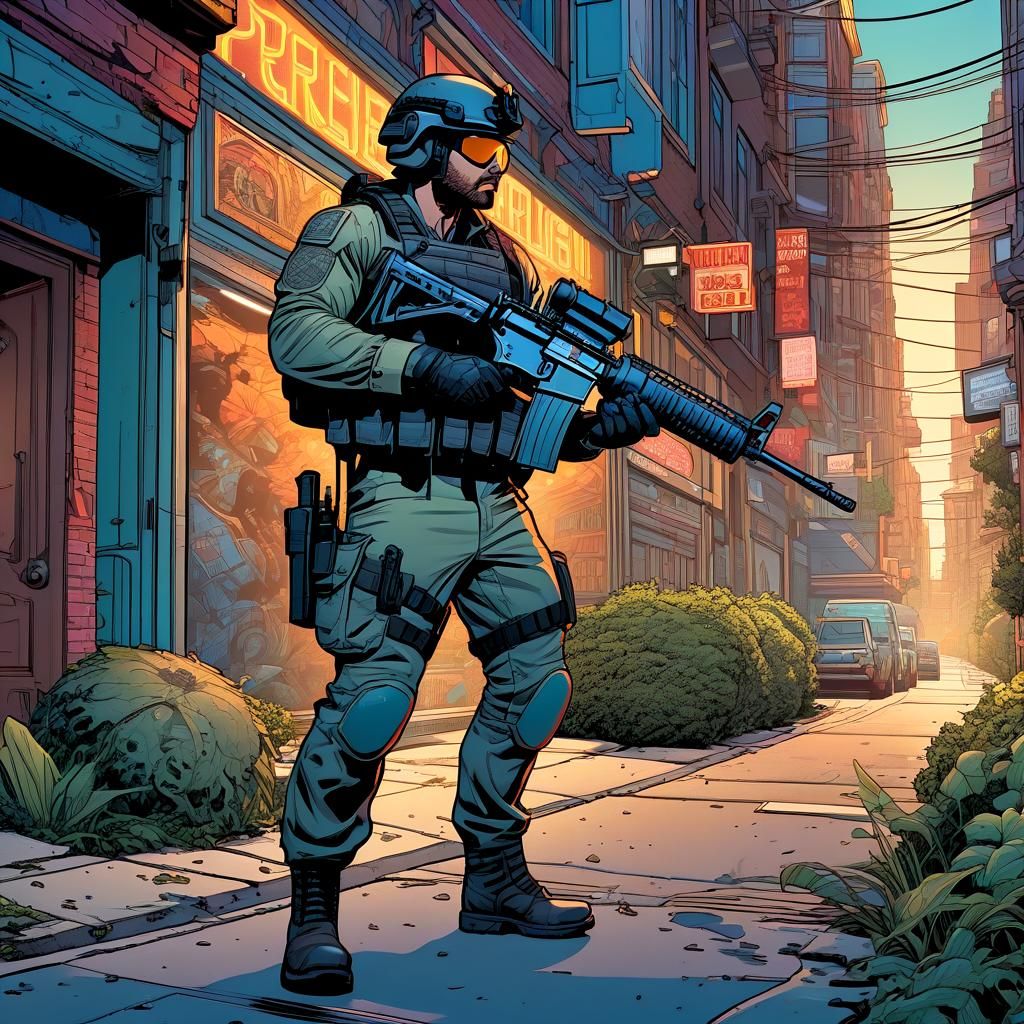 Tactical Man with Rifle: Cel-Shaded Comic Book Art
