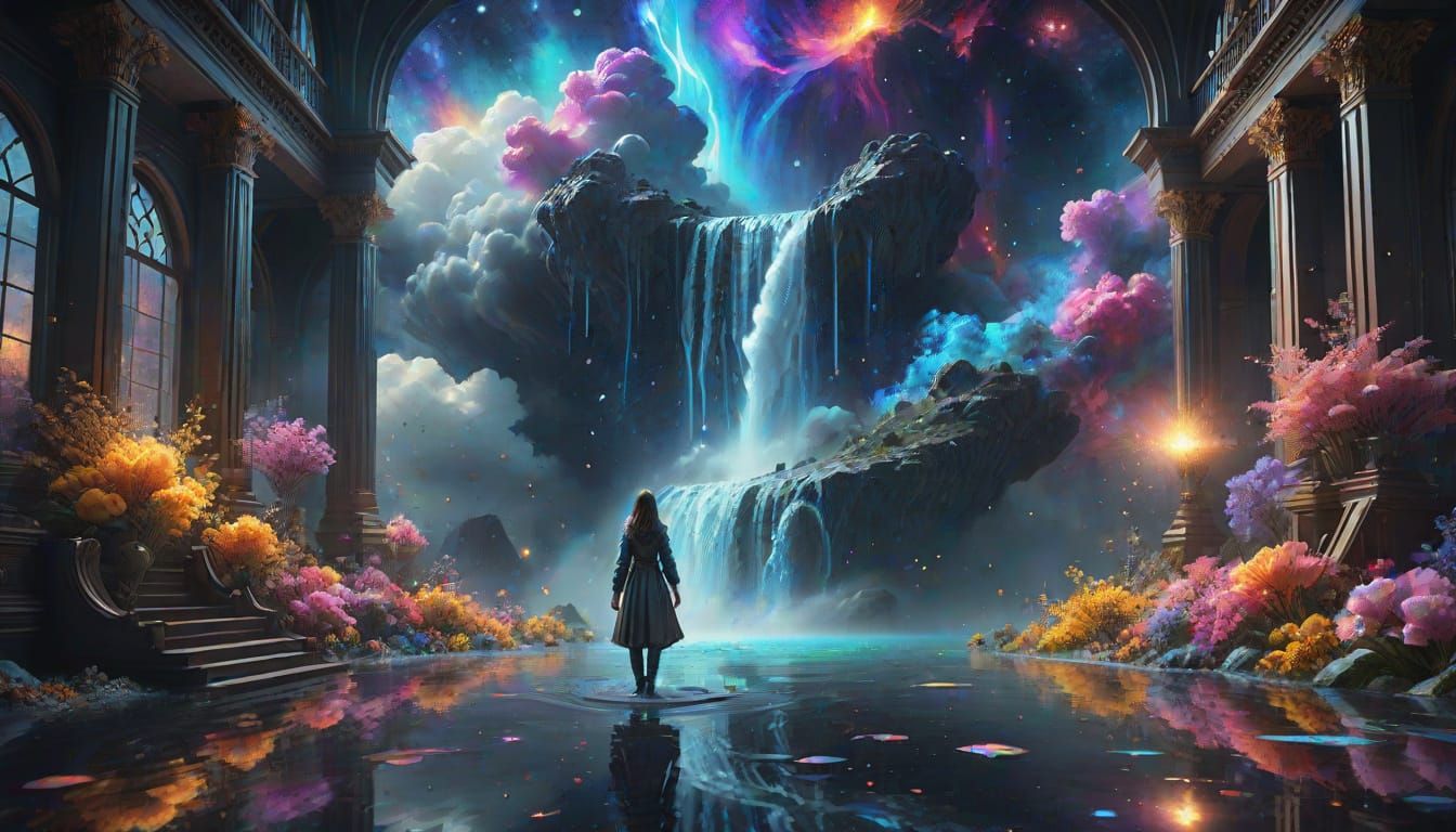 Cosmic Waterfall: Hyper-Detailed Celestial Matte Painting