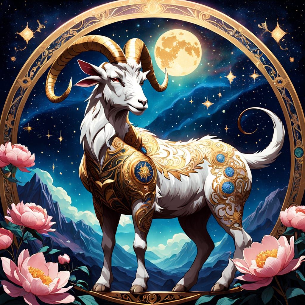 Ethereal Metal Goat Mandala in Art Nouveau Style