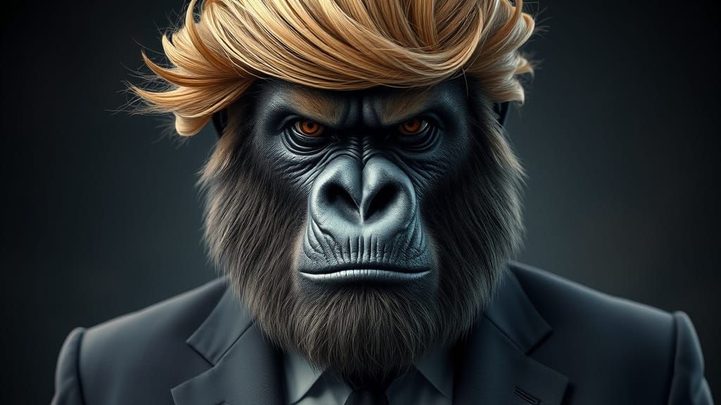 Gorilla with Trump Hair in Suit: Digital Art