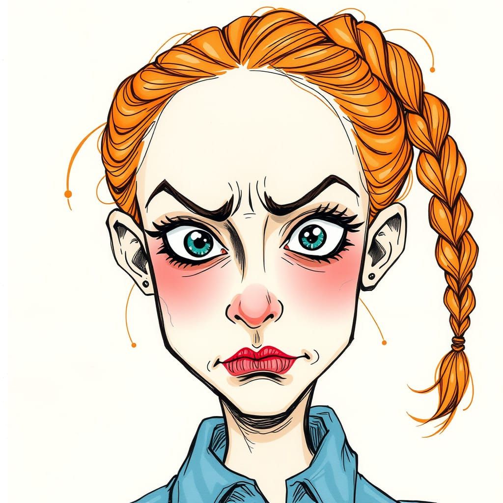 Comically Annoyed Woman Portrait in Hand-Drawn Style