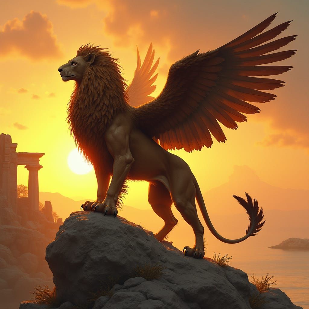 Majestic Griffon at Mediterranean Sunset in Frazetta Style