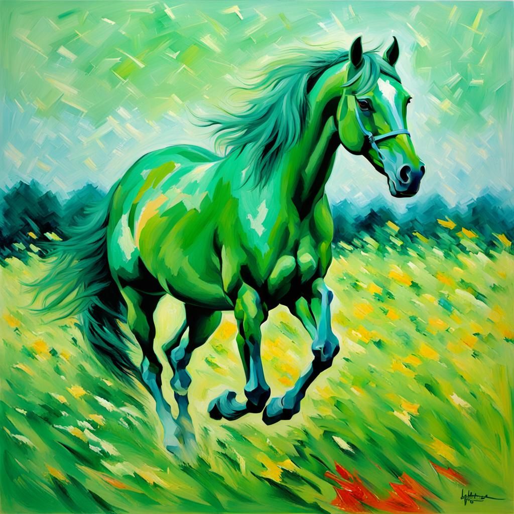 Green Horse in Impressionistic Style