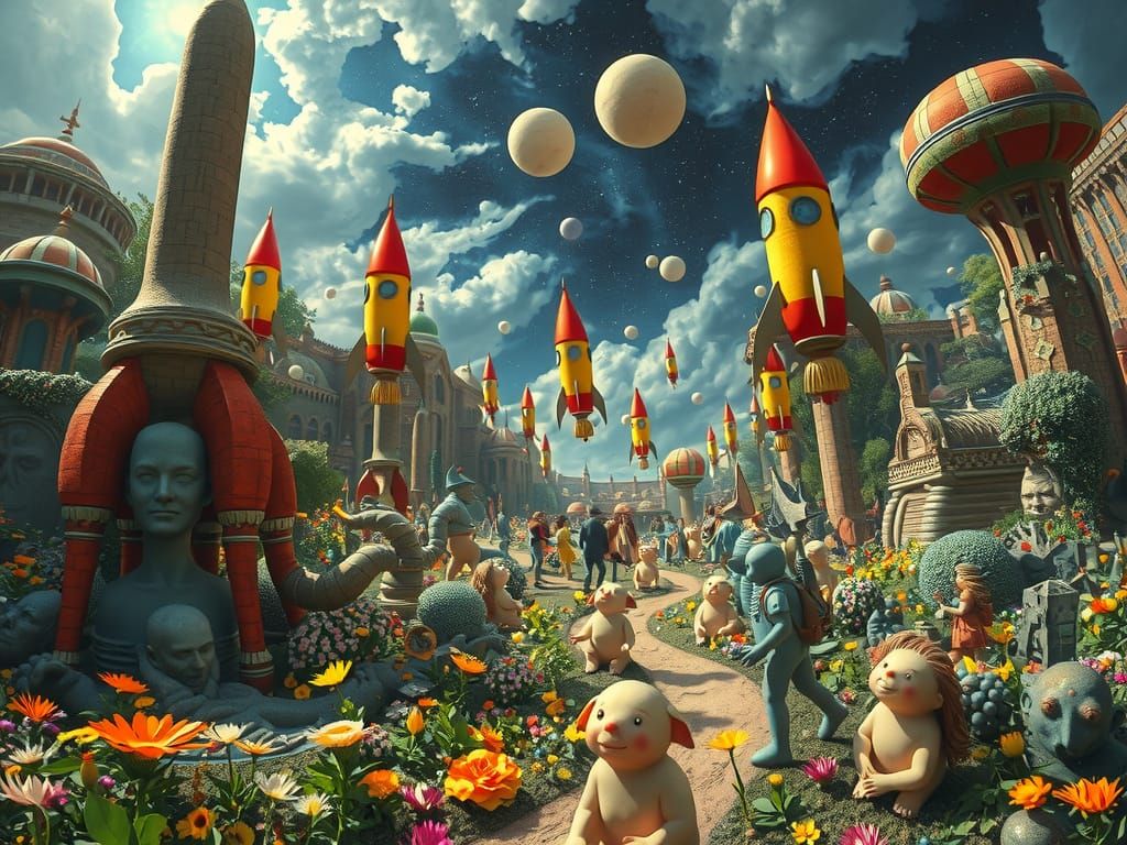 Bosch Style Rocket Ships in Surreal Landscape
