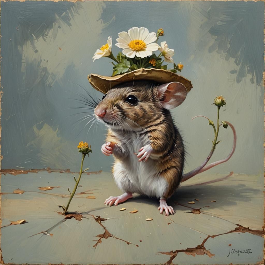 Mouse with Flower Hat in Oil Painting Style