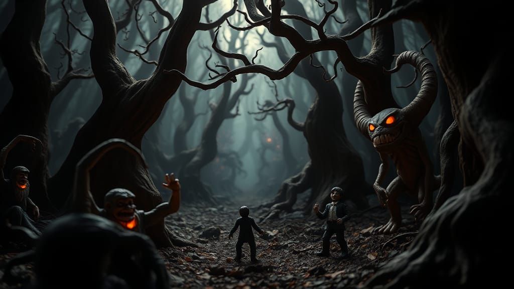 Enchanted Forest with Clay Figures in Animated Painting