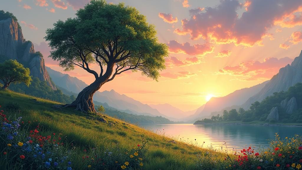 Lush Valley with Glasir Tree at Sunrise