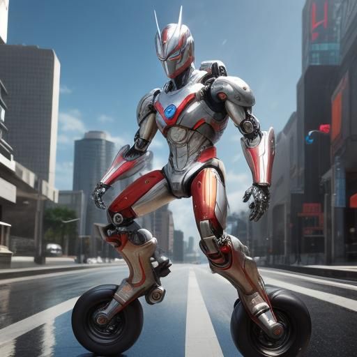 Ultraman Blazer on Roller Skates in Hyperrealistic Style