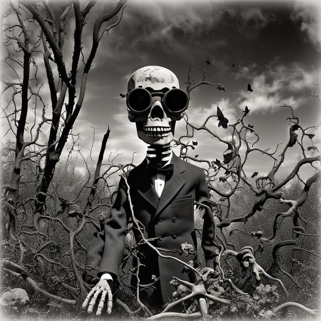 Ventriloquist dummy. Black and white and blue photography. Corroded pipes. black butterflies. old medical equipment.