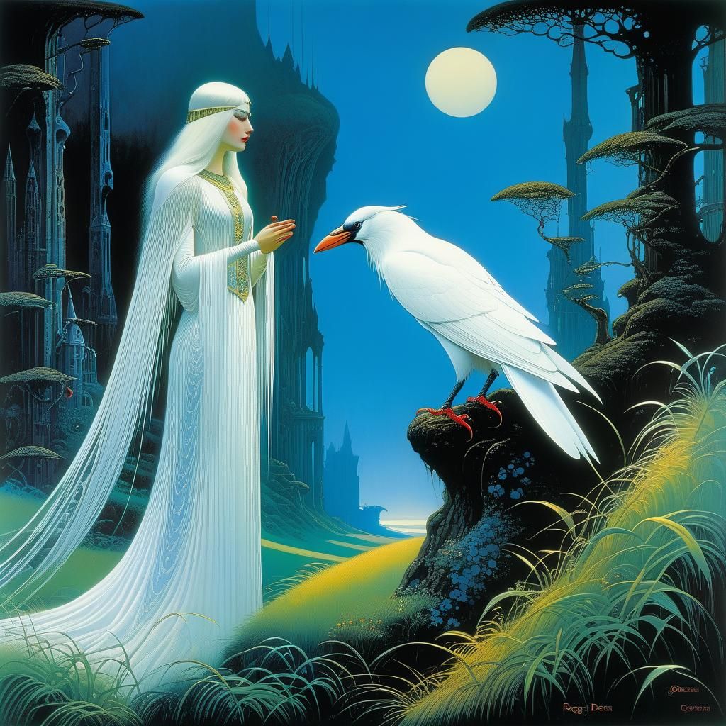 Gothic Woman and White Crow in Surreal Style