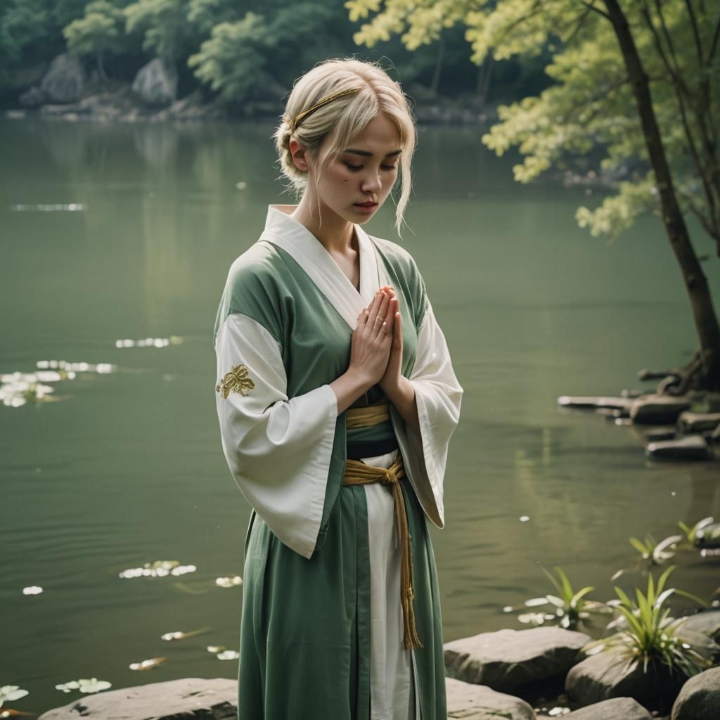 Girl in Shinto Uniform Praying: Cinematic Film Still