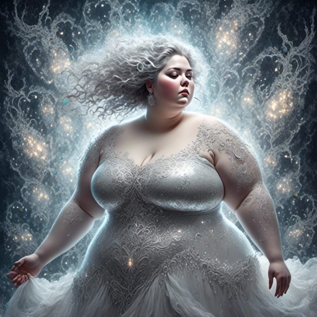 Luminous Woman in White Dress with Electrical Sparkles