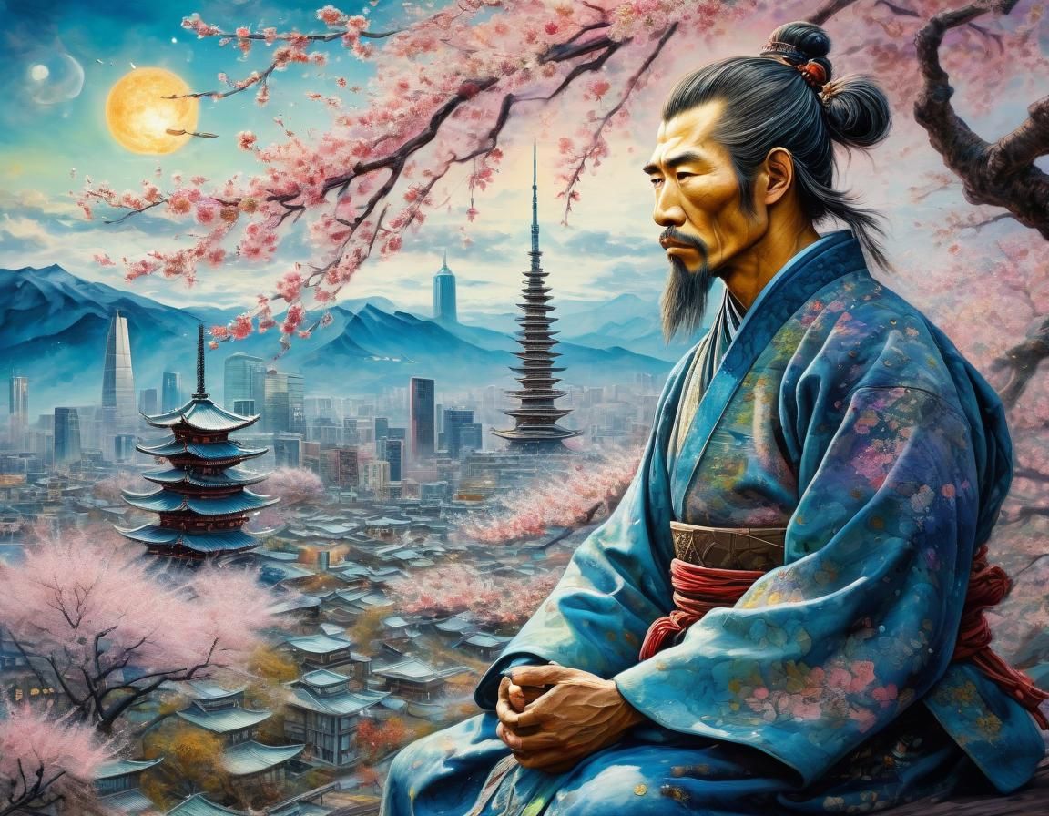 Samurai Meditating Under Cherry Blossom Tree in Watercolor