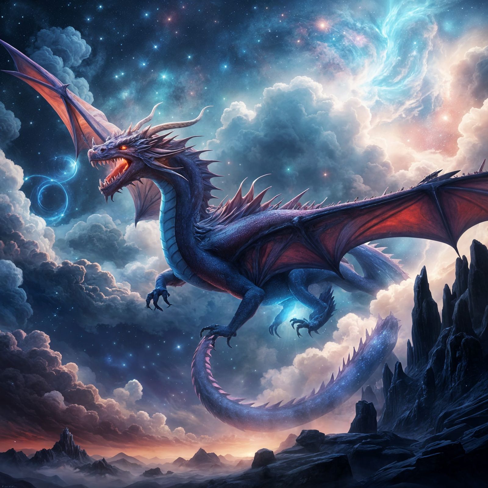 Majestic Red Dragon in Astral Night Sky