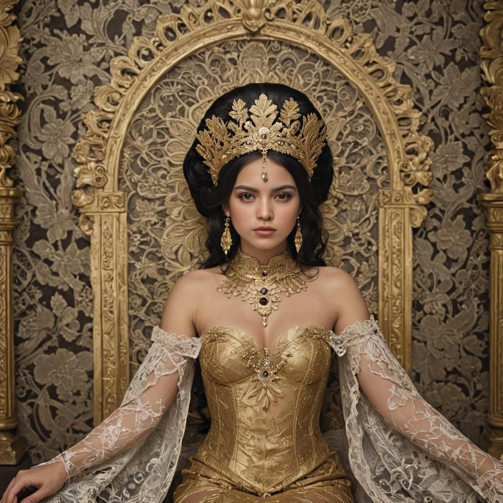 Elegant Mexican Queen Portrait in Golden Throne Room