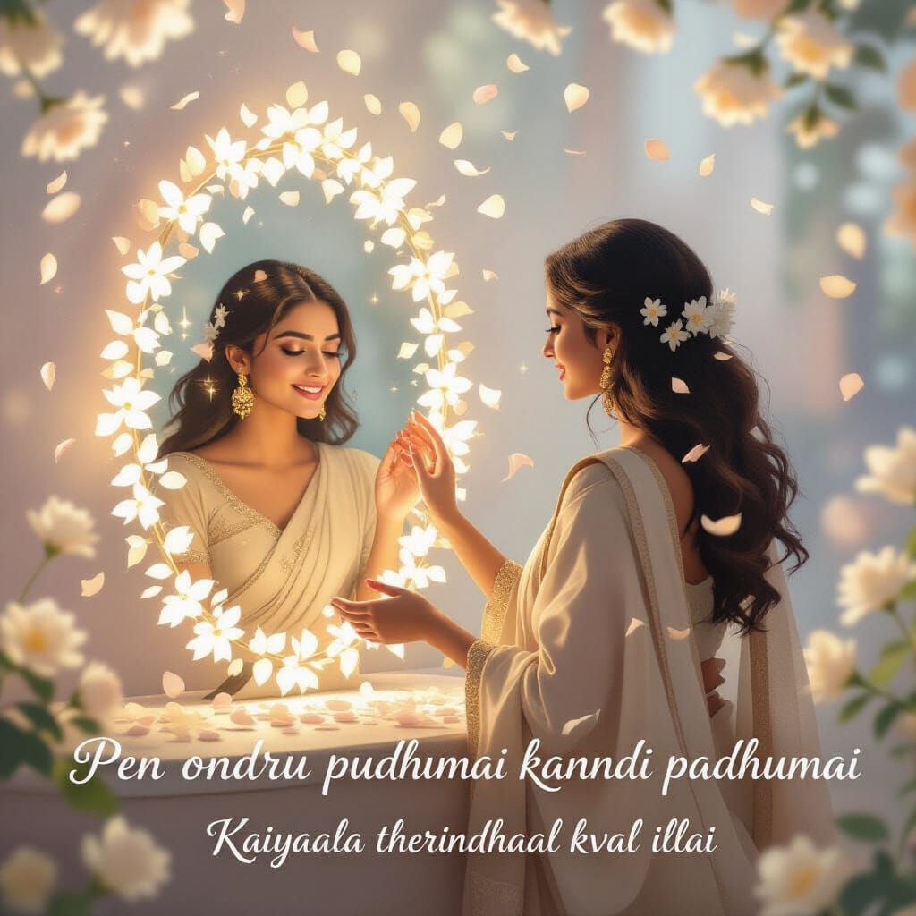 Poetic Digital Painting of South Asian Woman by Light Mirror