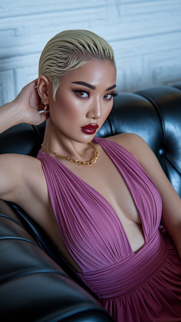 Elegant East Asian Woman in Fuchsia Dress