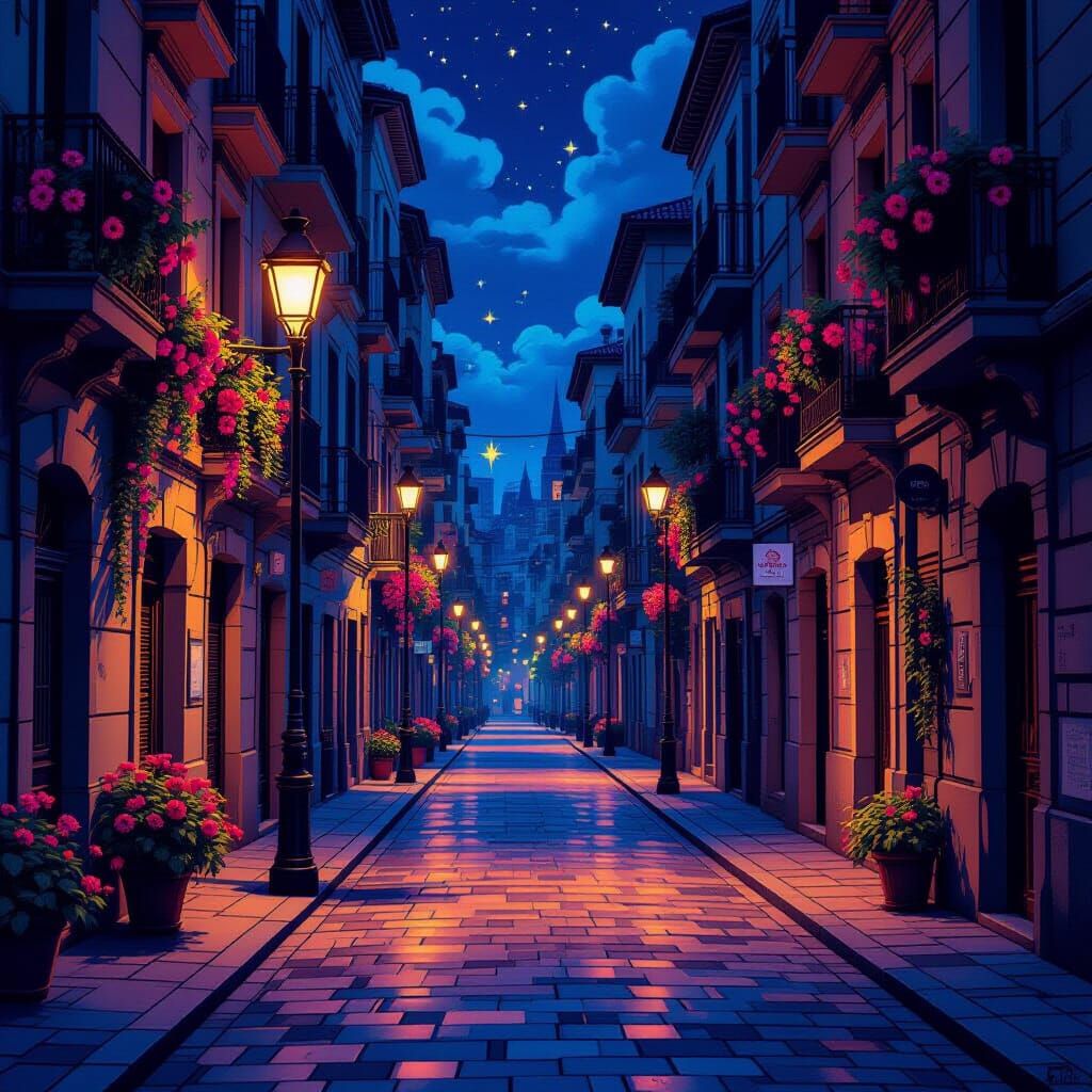 Barcelona Street at Night with Flowers, Whimsical Style