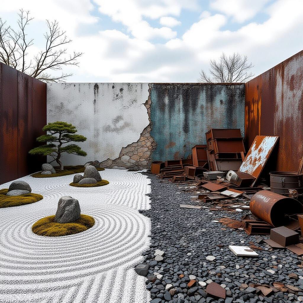 Zen Garden vs Junkyard in Surreal Style