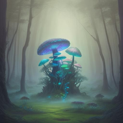 Mystical Forest with Glowing Mushrooms, Digital Art