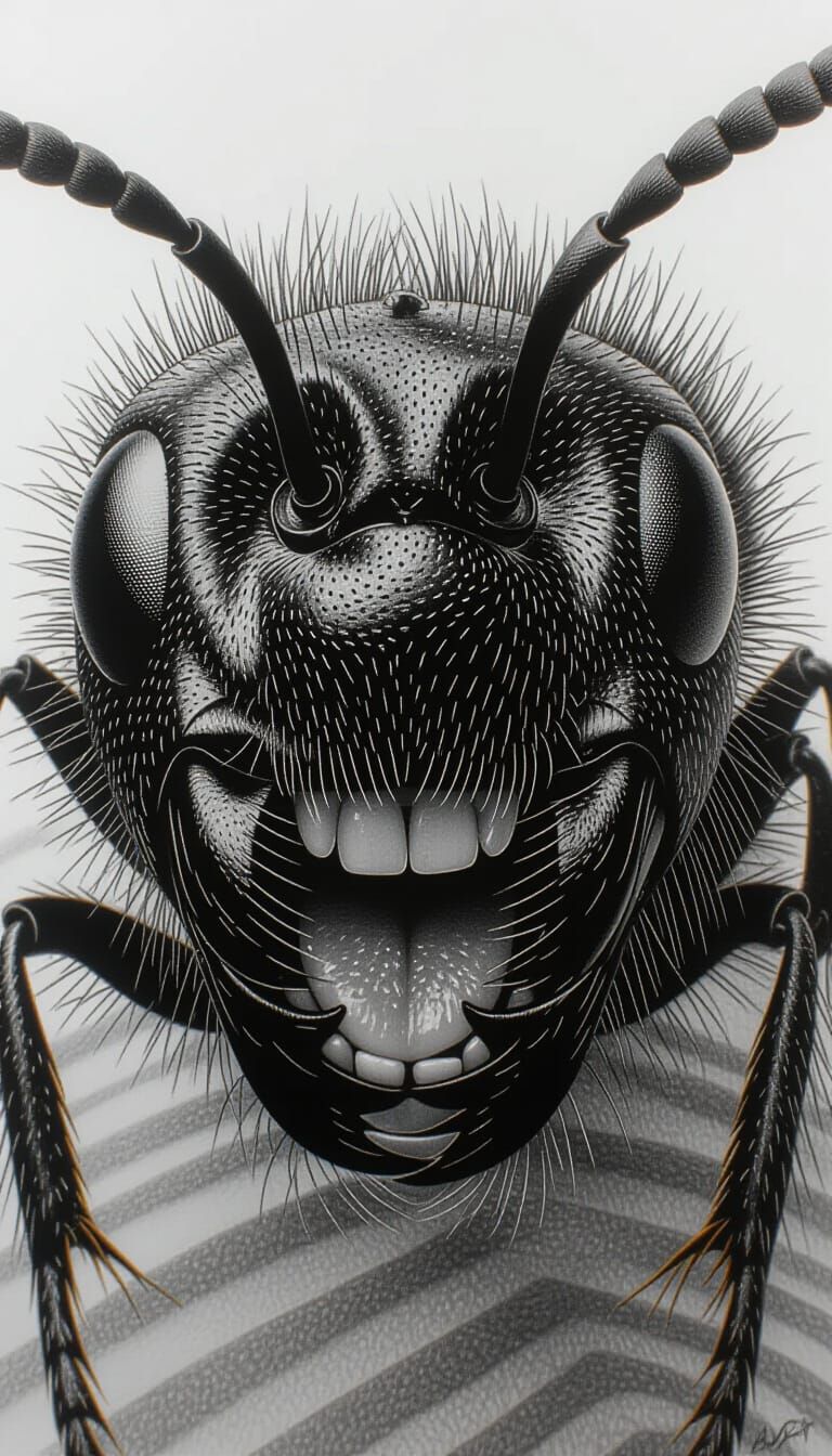 Detailed Pencil Drawing of Ant Face with Expressive Eyes