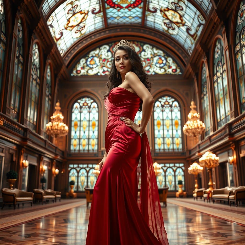 Elegant Woman in Art Nouveau Exhibition Hall