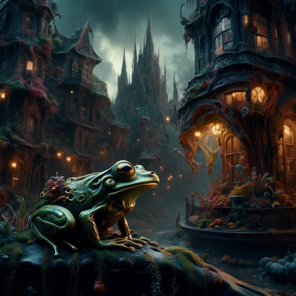 Dark Fantasy Frog on Gothic Skyscraper