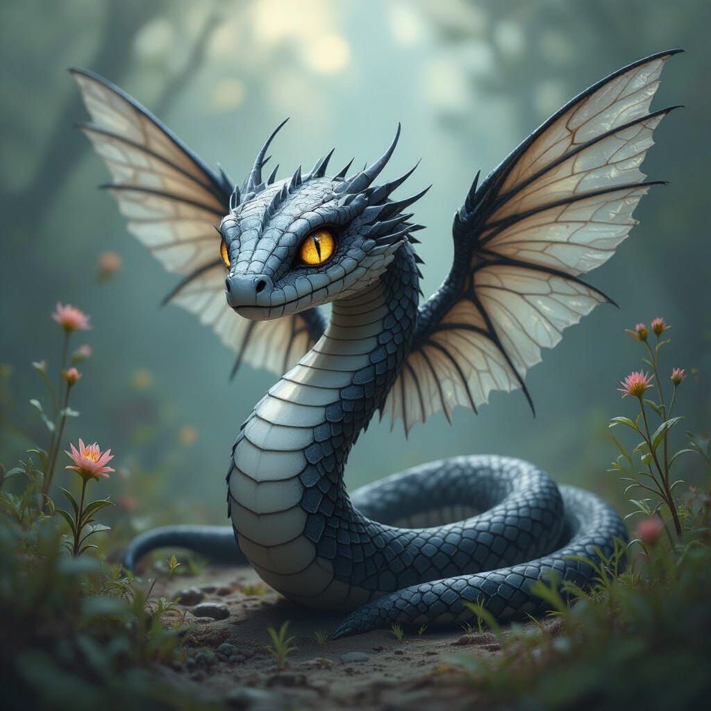 Winged Serpent with Piercing Eyes in Dreamlike Setting