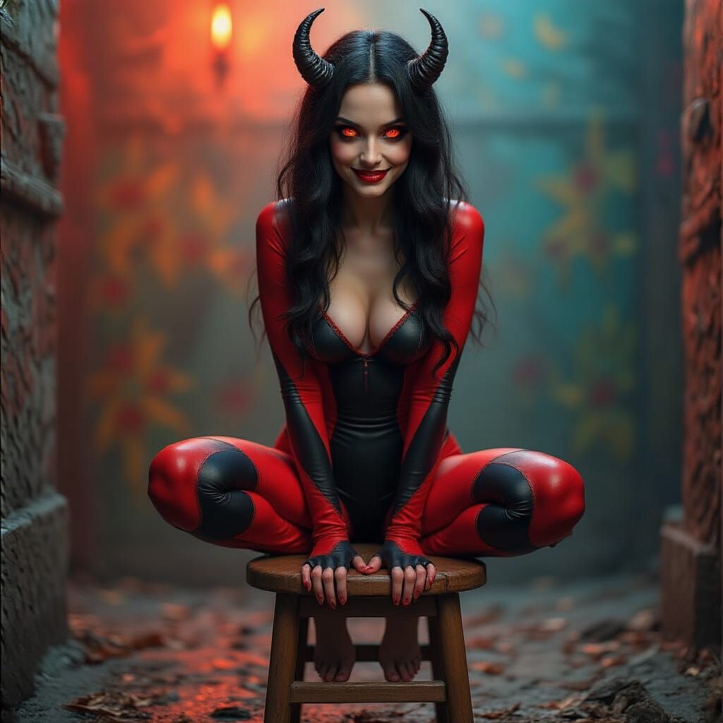 Hyperrealistic Demon Girl with Fiery Eyes