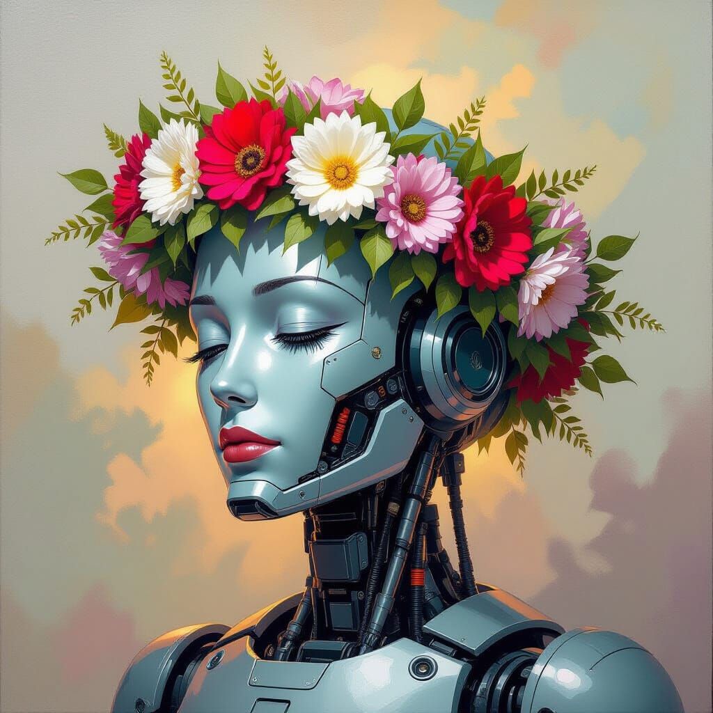 Robot with Floral Wreath, Oil on Canvas