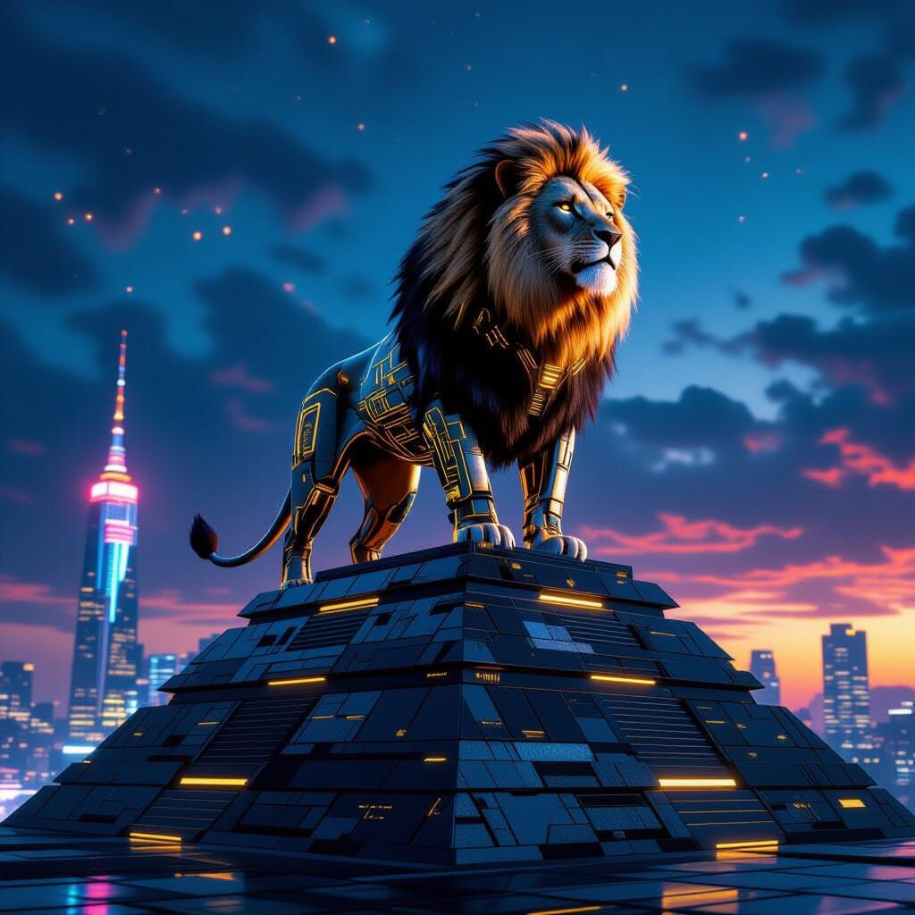 Cybernetic Lion on Obsidian Pyramid Under Neon Sky
