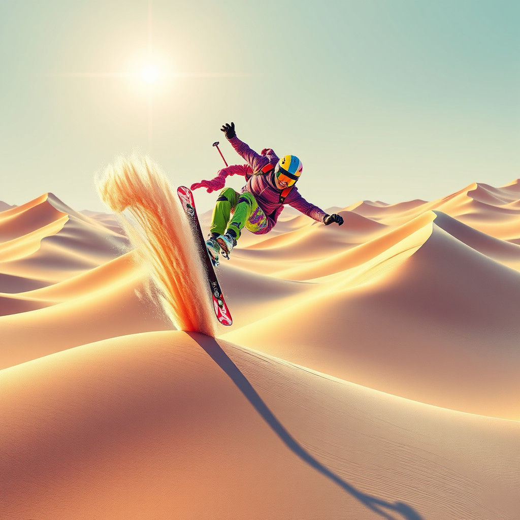 Surreal Desert Skiing Backflip in Escher Style