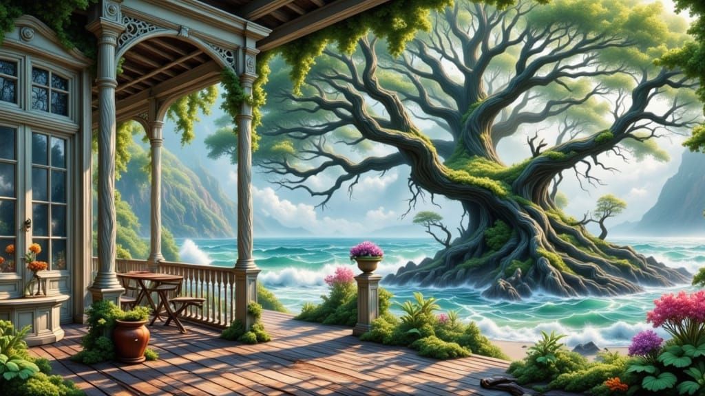 Victorian Veranda Overlooks Stormy Beach in Whimsical Artist...