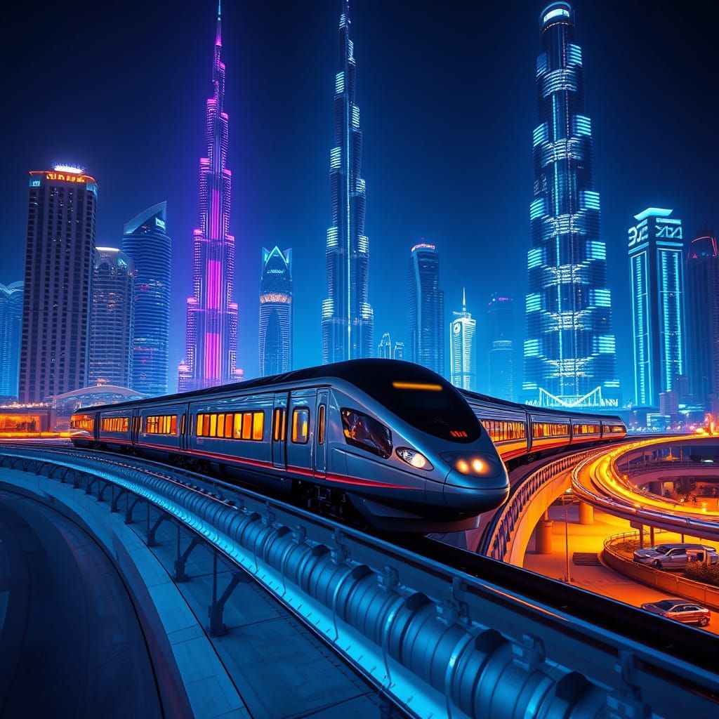 Sleek Train Blurs Through Dubai's Futuristic Cityscape at Bl...