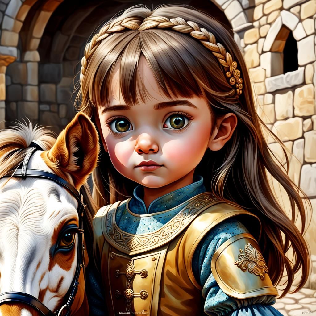 Realistic Portrait: Girl with Horse, Dog, and Castle