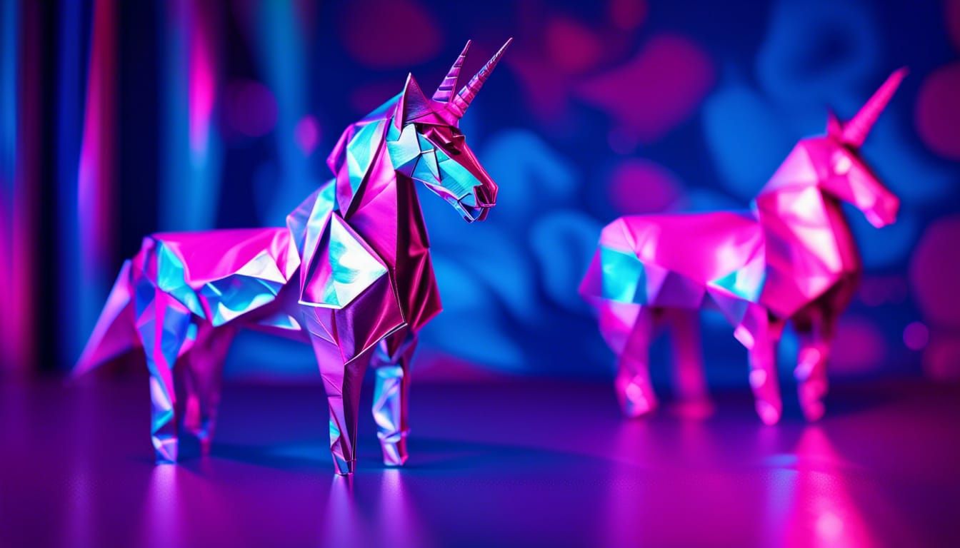 Neon Lit Tinfoil Unicorn Origami Sculpture